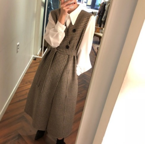 チェック ベスト ジレ Wボタン Vネック ロング ワンピース