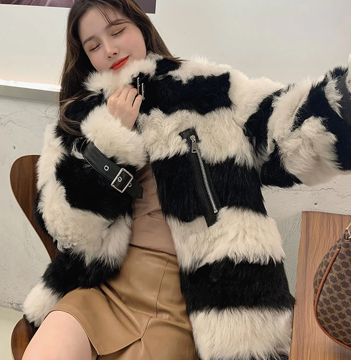高級感◎ リアルファー ボーダー ファーコート ジャケット 9329 かわいい◎ リアルファー ボーダー ファーコート ジャケット
