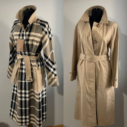 Burberry Trench Tartan Casual Style Plain Cotton Medium Long Office Style