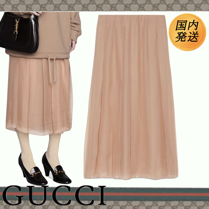 【国内発送★GUCCI】シフォン ミドルレングス プリーツスカート