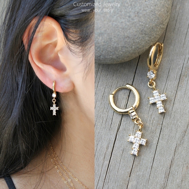 きらきら クロス（十字架） & 一粒CZ フープ ゴールド ピアス