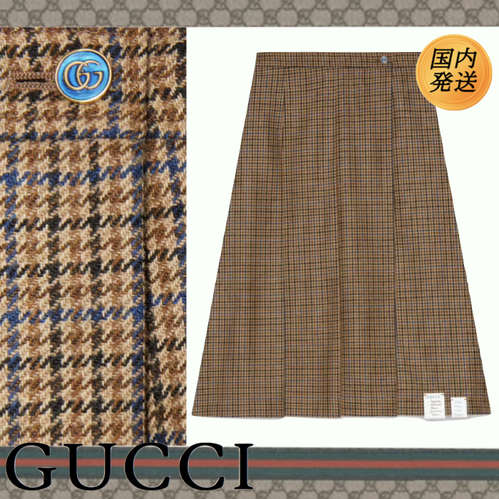 【国内発送★GUCCI】ハウンドトゥース ミディ プリーツスカート