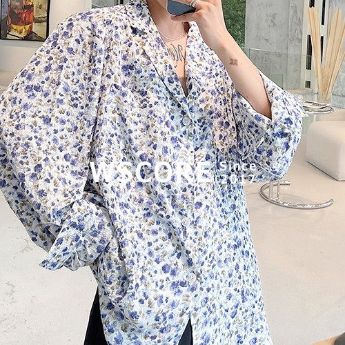 長袖シャツ 花柄 Vネック メンズ オーバーシルエット