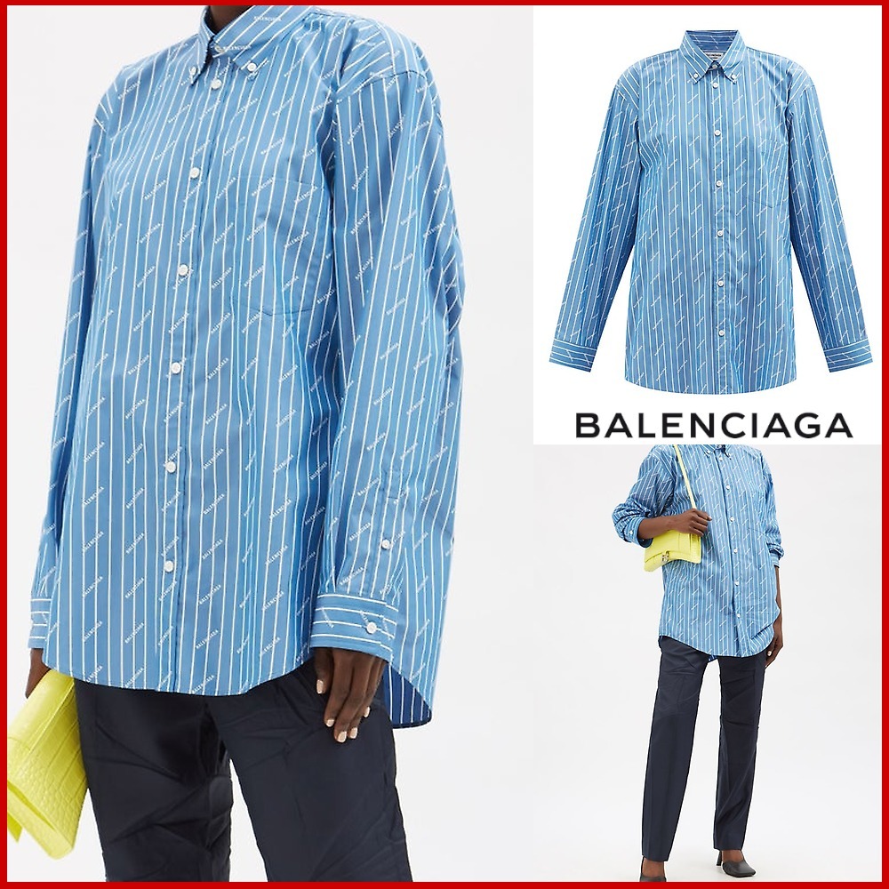 BALENCIAGA モノグラム&ピンストライプ コットンブレンドシャツ 【正規逆輸入品】