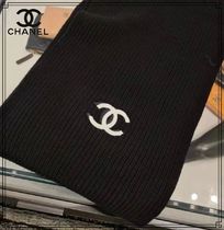 CHANEL ICON Unisex Wool Cashmere Plain Logo Knit & Fur Scarves