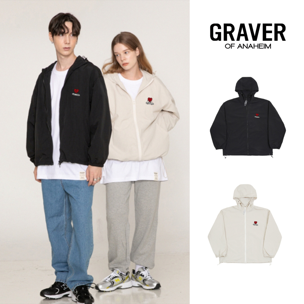 【GRAVER】Heart board embroidered white clip windbreaker