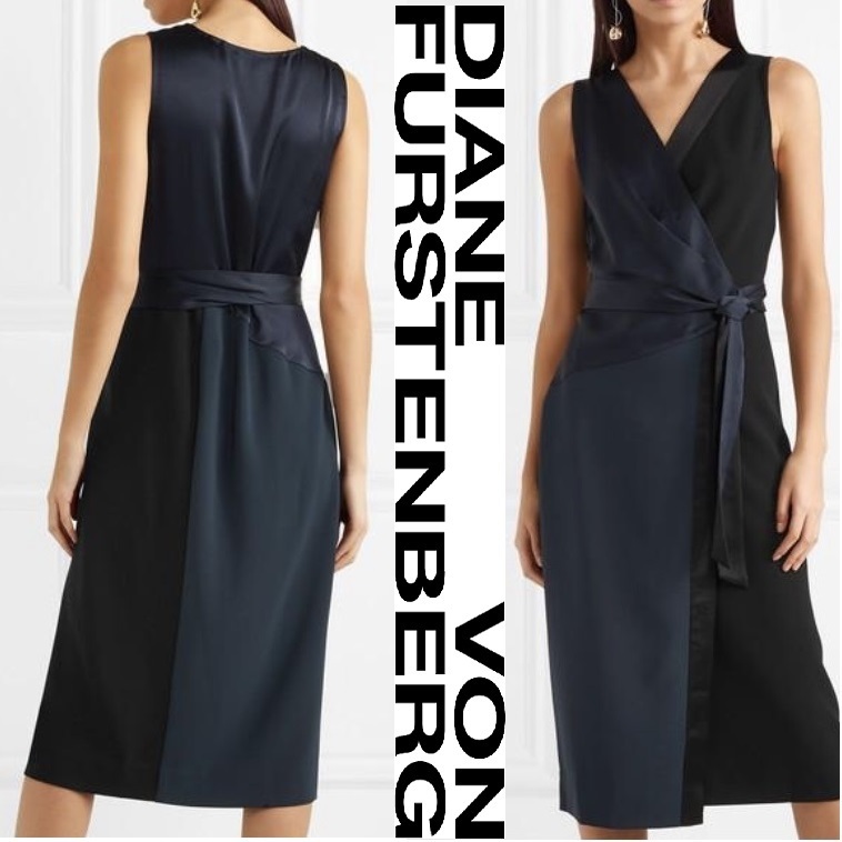 DVF バイカラー ミモレ丈ラップ ワンピ クレープスリーブレス即