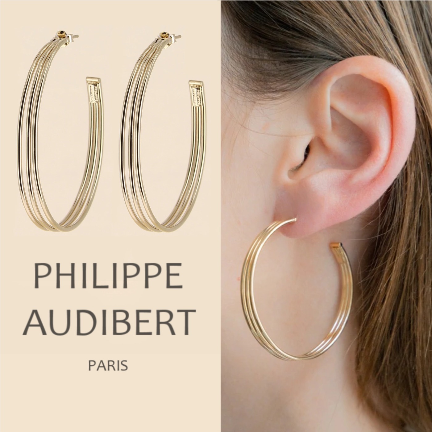 Philippe Audibert ◆ 3連フープ ゴールドピアス 送関込