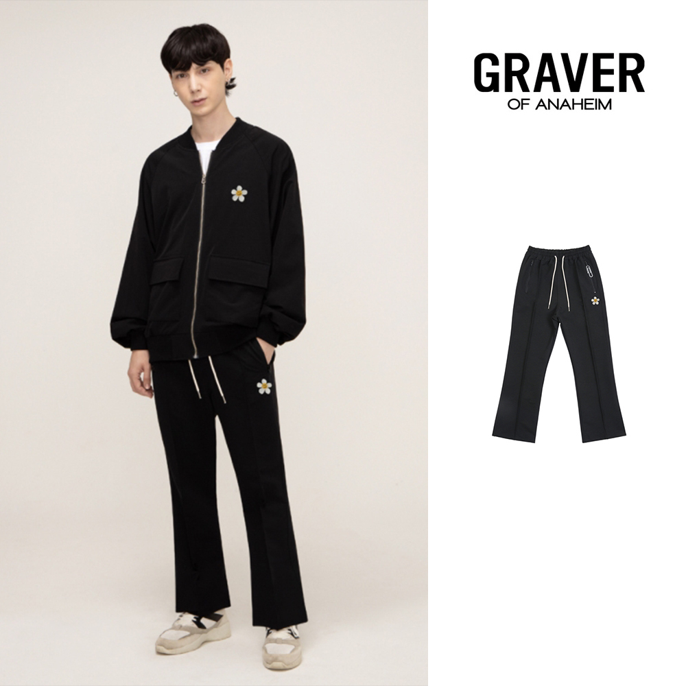 【GRAVER】Zipper white flower white clip bootcut pants