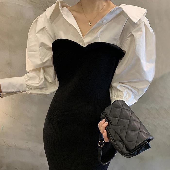 ワンピース 長袖 シャツワンピース ロング レイヤード ニット