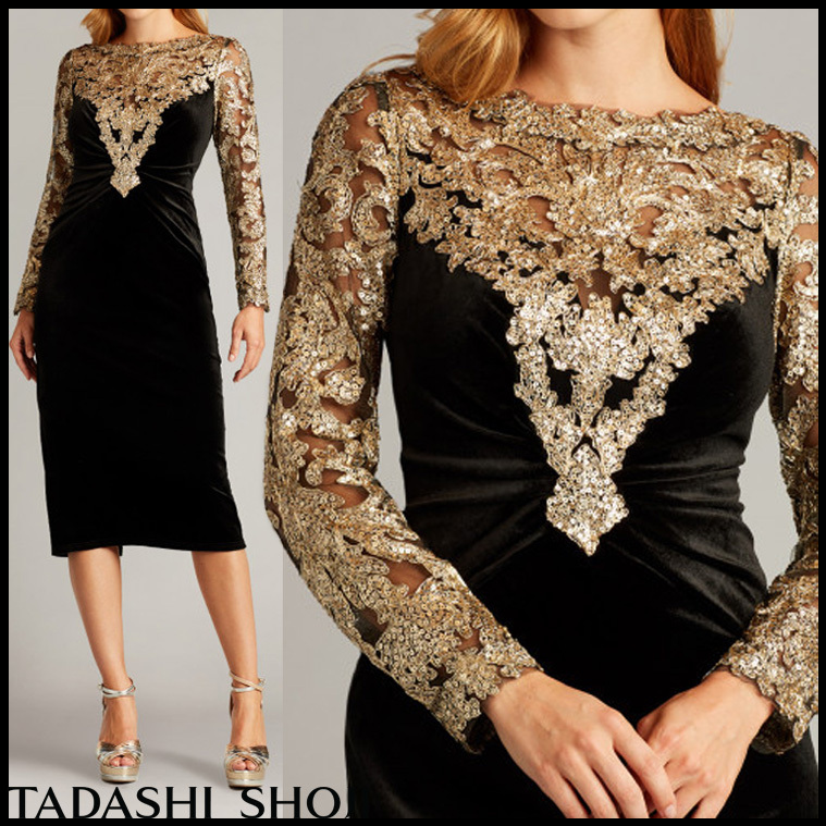 【日本限定モデル】 SALE★TADASHI・シアーヨーク長袖シークイン付ベルベットドレス ワンピース 【日本限定モデル】 SALE★TADASHI・シアーヨーク長袖シークイン付ベルベットドレス ワンピース