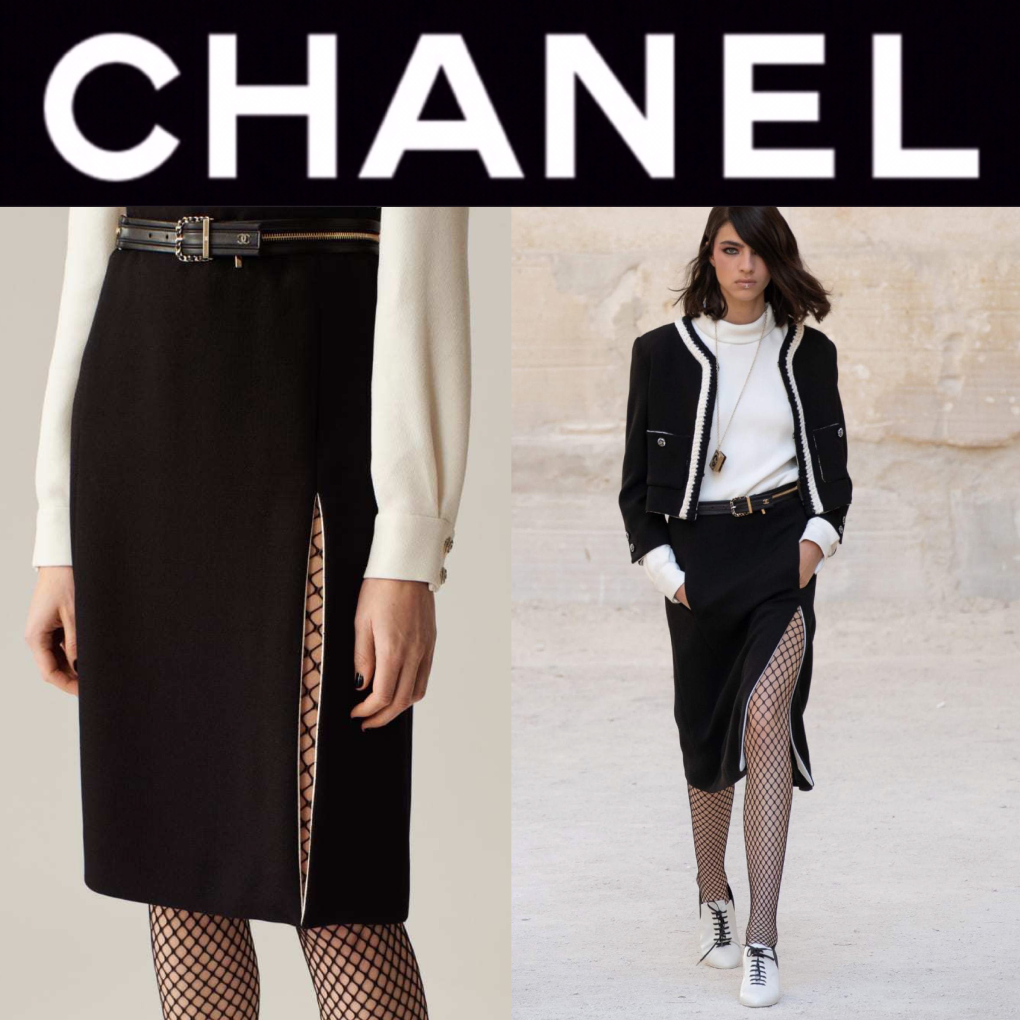 CHANELツィードスカート 両サイドスリットジップ付き-