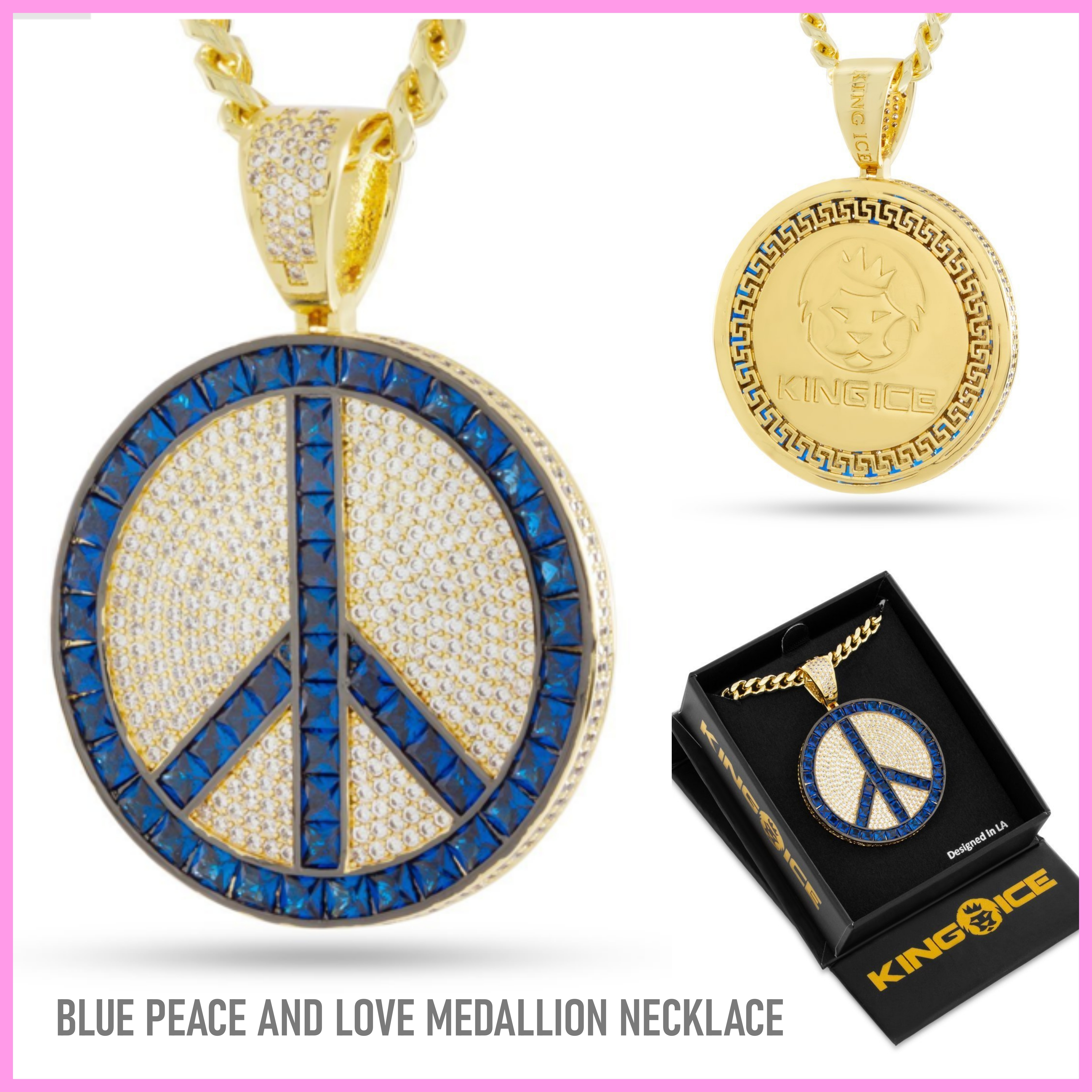 送料税込【King Ice】BLUE PEACE AND LOVE MEDALLION NECKLACE♪