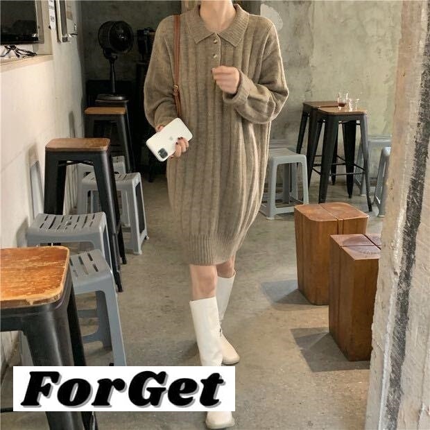 韓国 2color ポロリブニット ミニワンピース 上品 おしゃれ
