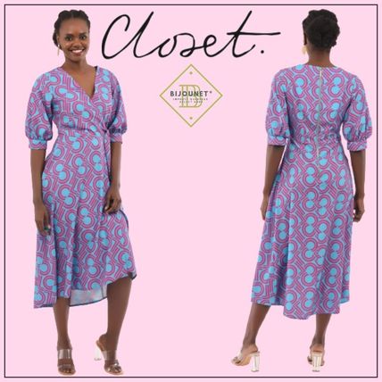 日本未入荷*Closet* ミディドレス ラップ パフスリーブ ブルー 日本未入荷*Closet* ミディドレス ラップ パフスリーブ ブルー