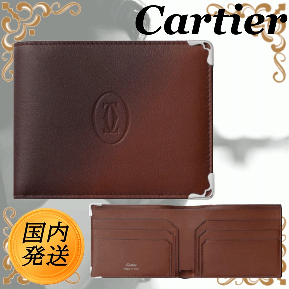 【T-ポイント5倍】 Cartier エンボス加工 三つ折り財布 ブラウンレザー 小物