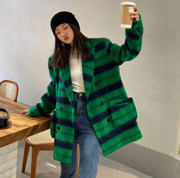 チェック グリーン ウール混コート オーバーサイズ・こなれ感 チェック グリーン ウール混コート オーバーサイズ・こなれ感