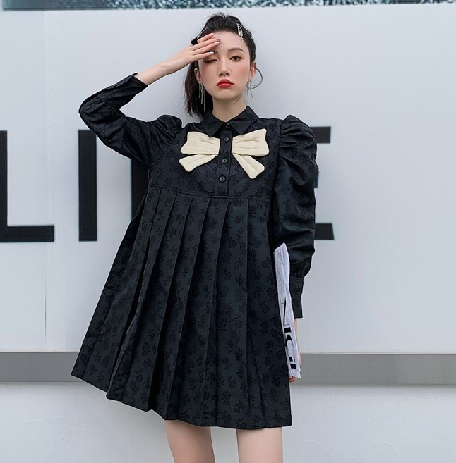 大人かわいい 長袖 リュクス ワンピース ドレス ブラック