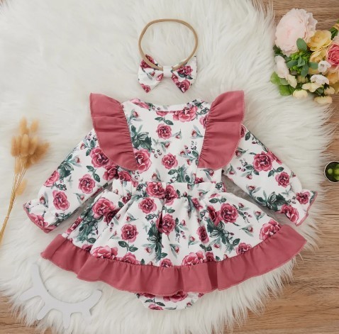 PatPat ベビーロンパース・カバーオール 日本未入荷 patpat ベビー 花柄 フリル ロンパース&ヘアバンド(6)