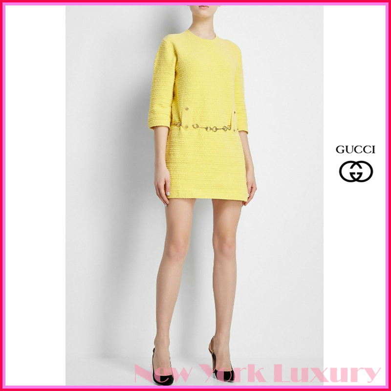 Gucci★素敵！Yellow Tweed Belted Knit Crew-neck Dress