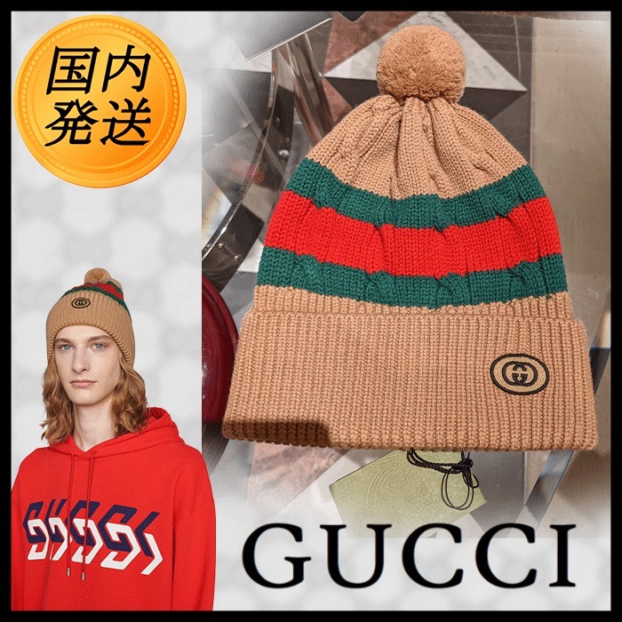 【国内発送★GUCCI】ウェブ ストライプ付き ウールニット ハット