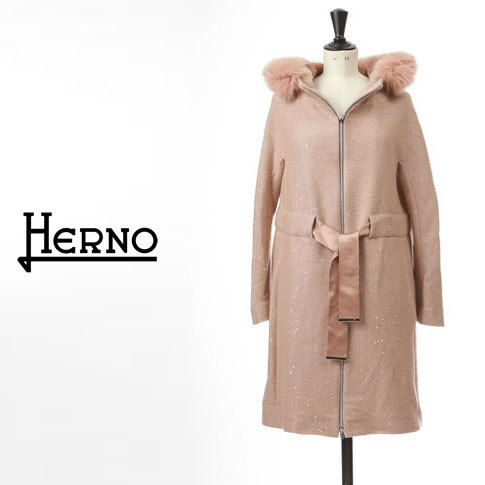 HERNO ロングコートスパンコール＆フォックスファーgc041dr-4046