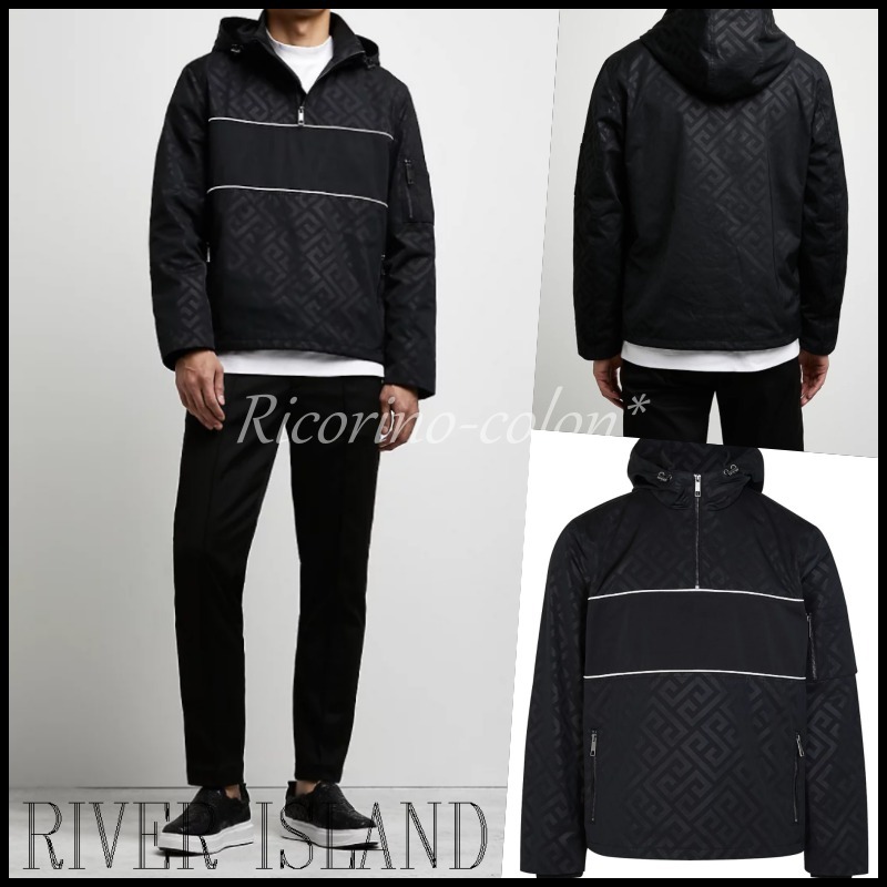 ♪RIVER ISLAND♪モノグラムプルフード付きジャケット・black 肌触りがいい