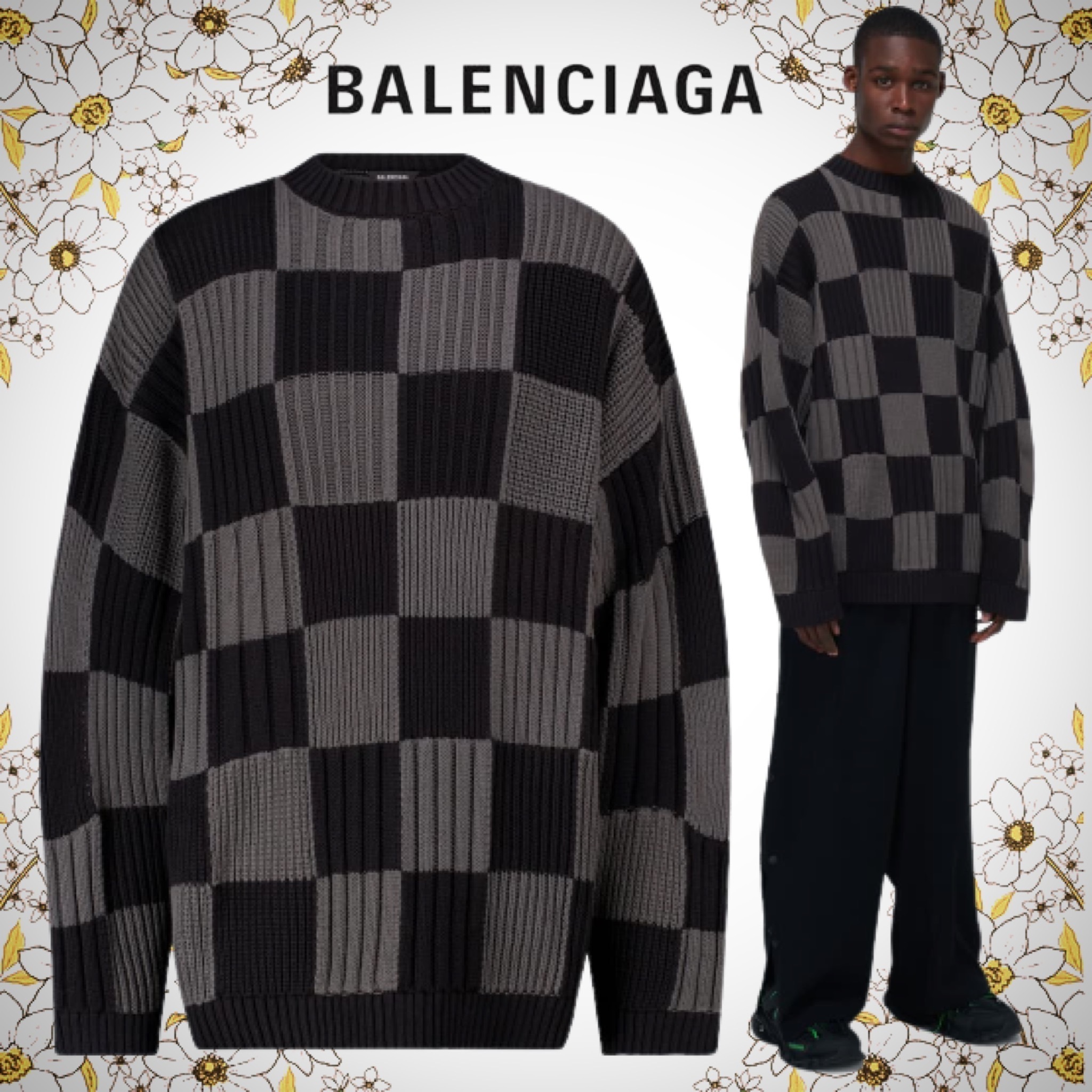 完売 【BALENCIAGA】洒落感!オーバーサイズ チェック ケーブルニット ニット・セーター 完売 【BALENCIAGA】洒落感!オーバーサイズ チェック ケーブルニット ニット・セーター
