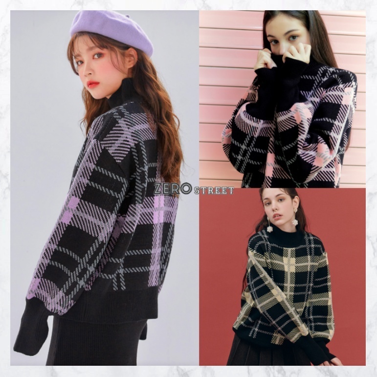 ZEROSTREET チェック ニット モックネック バルーン袖 韓国 人気 ニット・セーター ZEROSTREET チェック ニット モックネック バルーン袖 韓国 人気 ニット・セーター