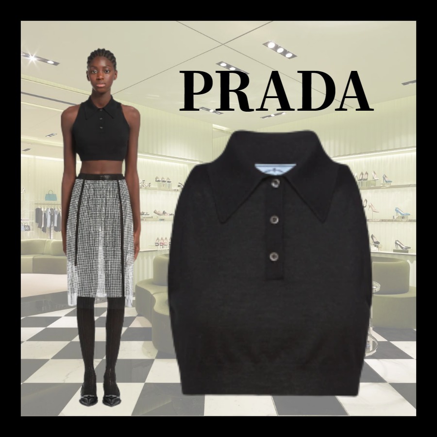 【直営店】PRADA人気☆クロップド カシミアxシルク トップ ニット・セーター 【直営店】PRADA人気☆クロップド カシミアxシルク トップ ニット・セーター