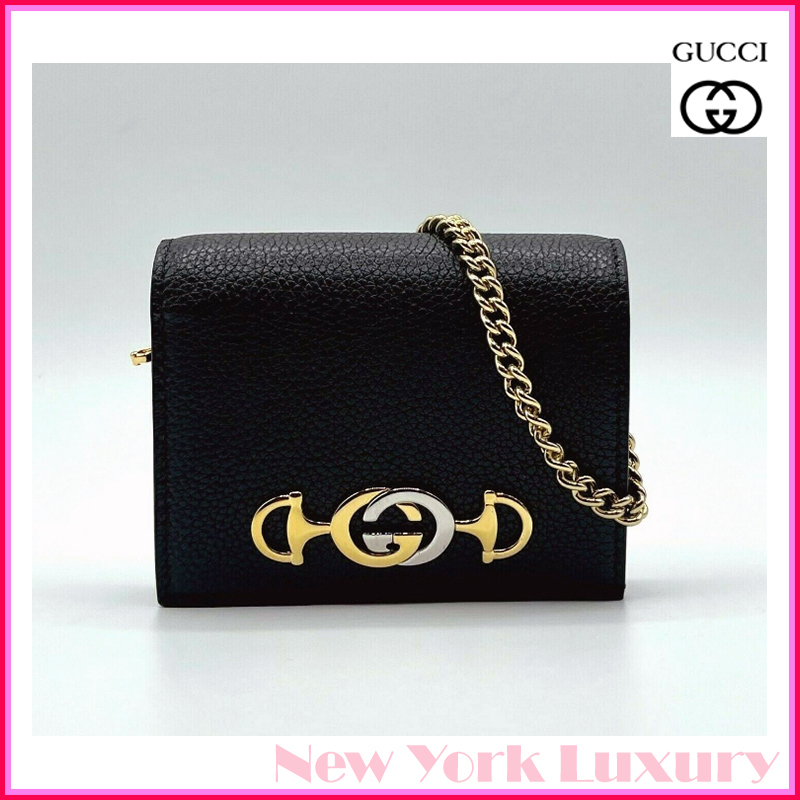 Gucci★素敵！Zumi Black Leather Gold Chain Mini Wallet