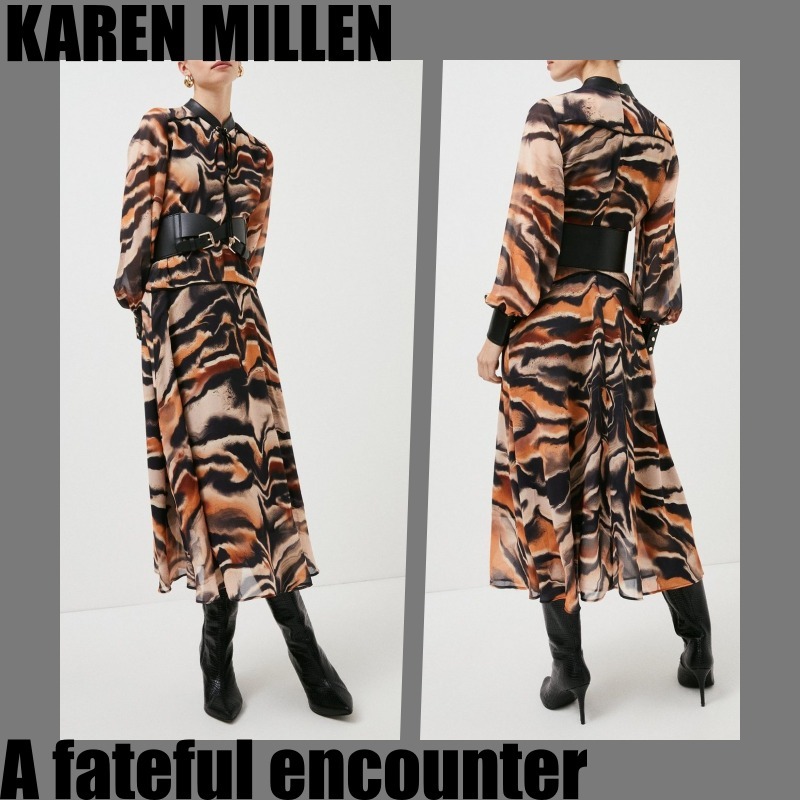【KAREN MILLEN】アニマル柄PUトリム ベルト織ミディドレス♪ ワンピース 【KAREN MILLEN】アニマル柄PUトリム ベルト織ミディドレス♪ ワンピース