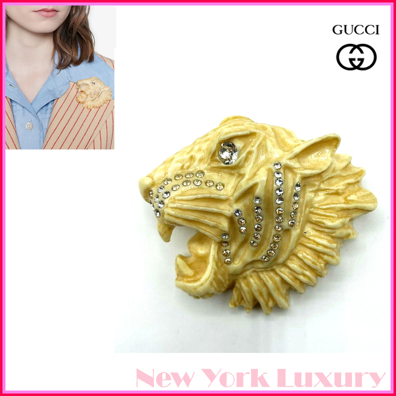 Gucci★素敵！Ivory Resin Rajah Tiger Head Brooch w/Crystals