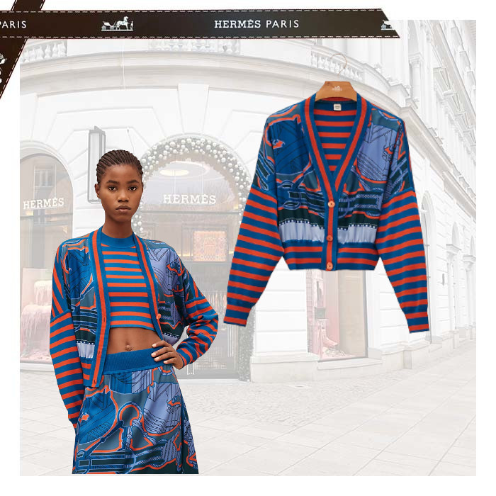 HERMES エルメス ツイルレーヌ カーディガン タッタソールジグザグ-
