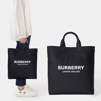 Burberry Totes Monogram Unisex Calfskin Canvas Blended Fabrics Street Style