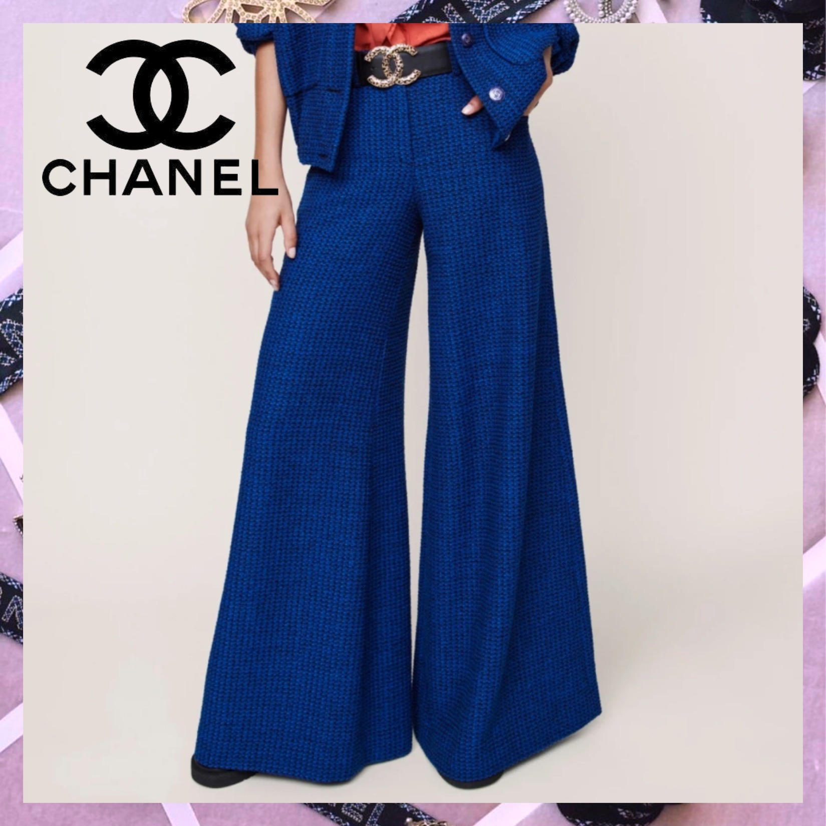 【新作★すぐ届く！】 CHANEL ロングパンツ ツイード 青 関税込