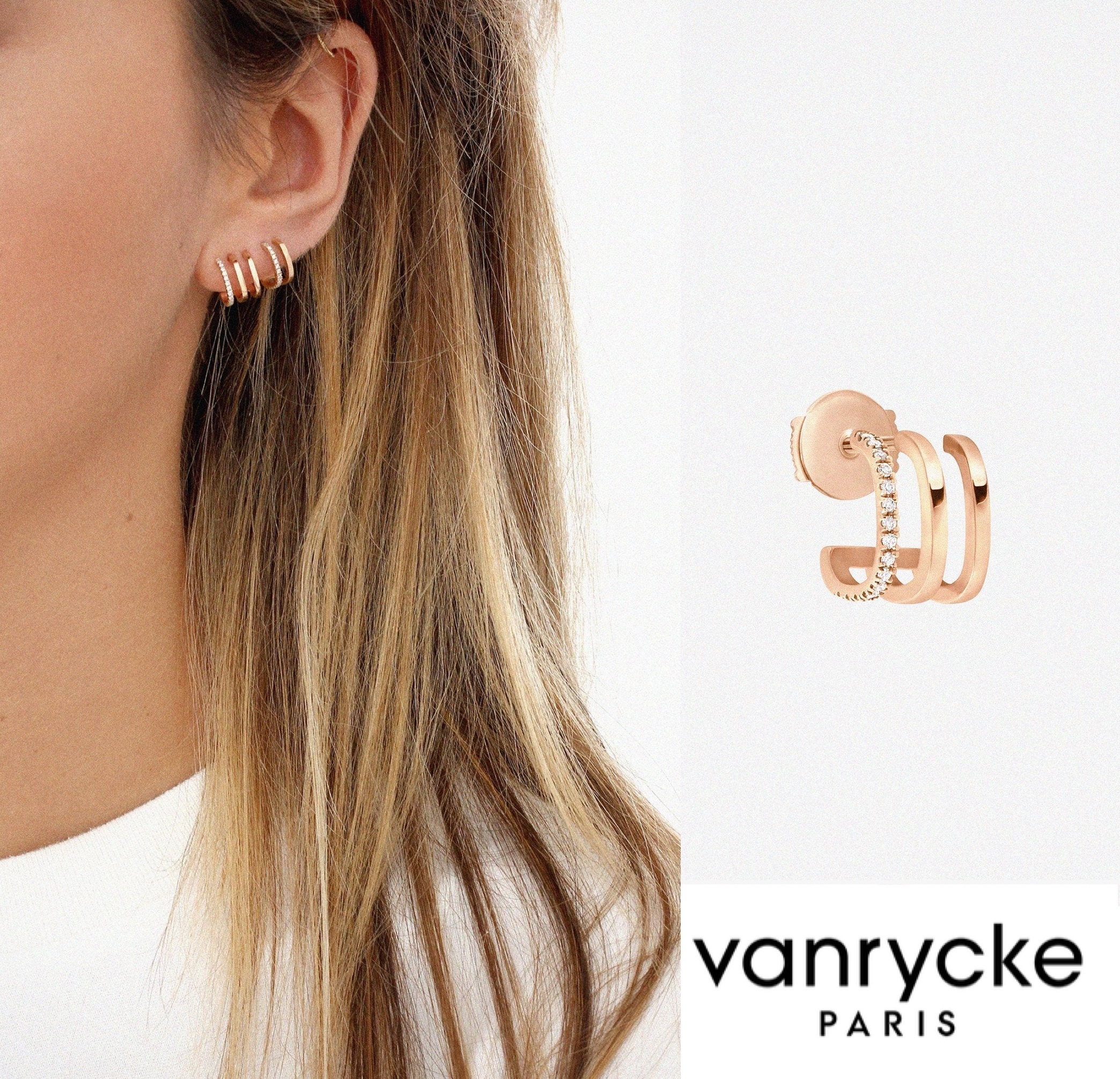 ★パリ発 vanrycke★Charlie 3 ダイアモンド ピアス 左耳用 ROSE