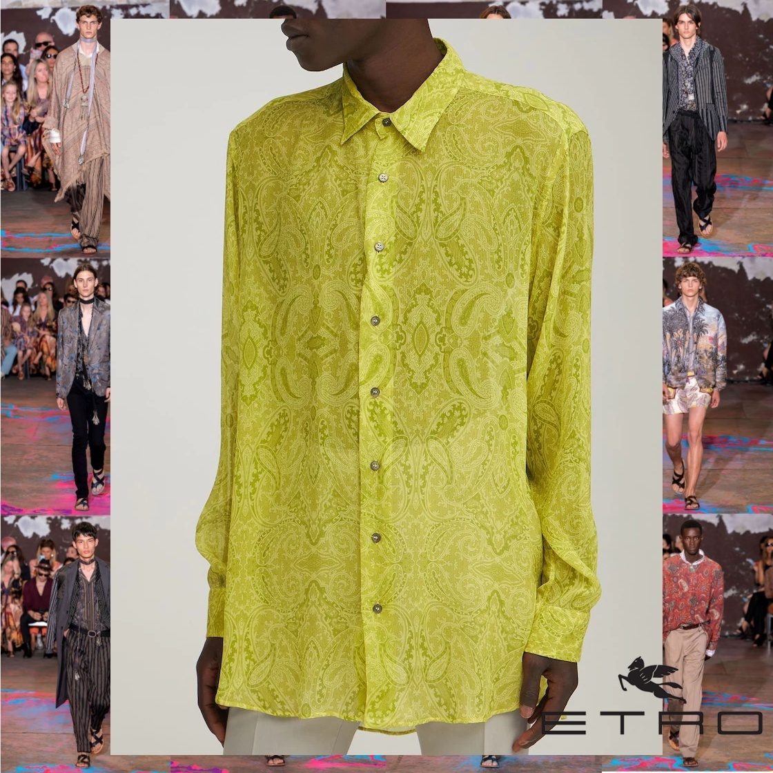 【★日本未入荷★】ETRO ☆ プリントシルクペイズリー ETRO シルク ペイズリープリント 長袖 シャツ グリーン