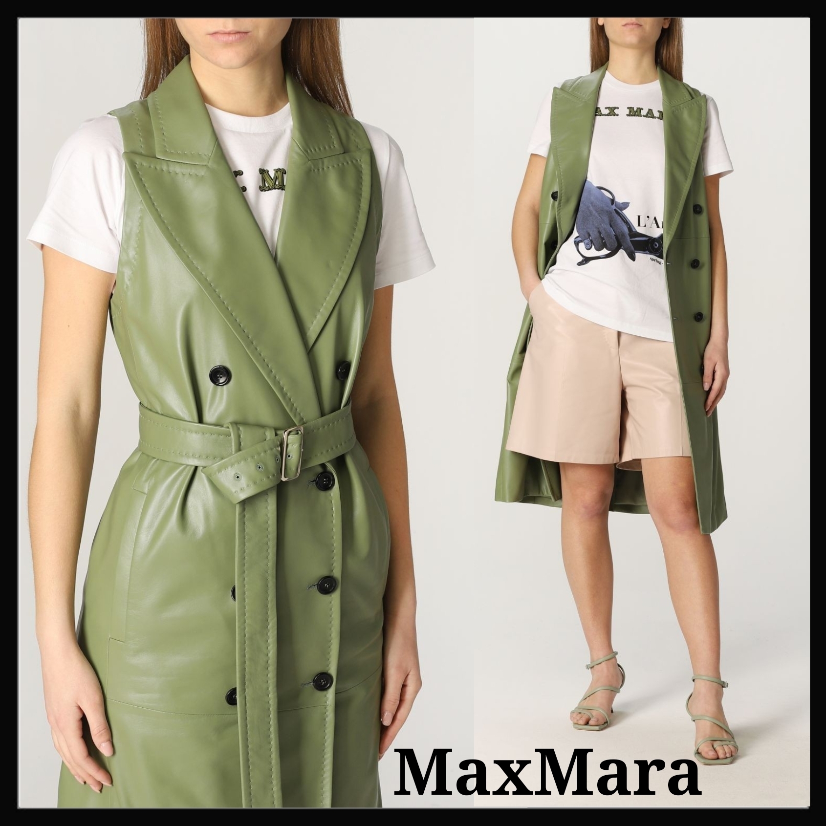 く日はお得♪ 白Tシャツに合うマックスマーラ レザー グリーン コート ジレ ベスト・ジレ く日はお得♪ 白Tシャツに合うマックスマーラ レザー グリーン コート ジレ ベスト・ジレ