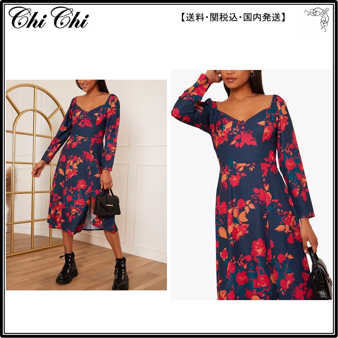 高品質の人気 【関税込】ChiChiLondon ドレス☆Long Sleeve Floral Print Midi パーティードレス 高品質の人気 【関税込】ChiChiLondon ドレス☆Long Sleeve Floral Print Midi パーティードレス