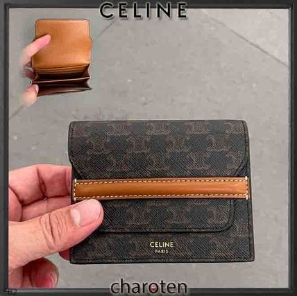 CELINE Card Holders Unisex Calfskin Canvas Lambskin Blended Fabrics Leather