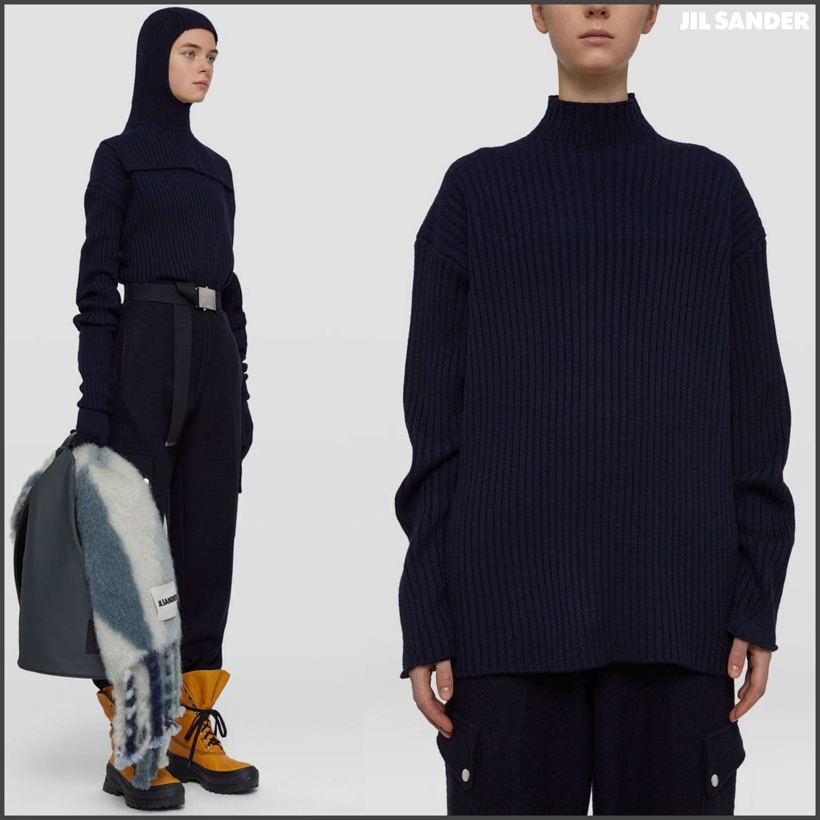 衝撃特価 【JIL SANDER】ハイネック ネイビーリブウールセーター ニット・セーター 衝撃特価 【JIL SANDER】ハイネック ネイビーリブウールセーター ニット・セーター