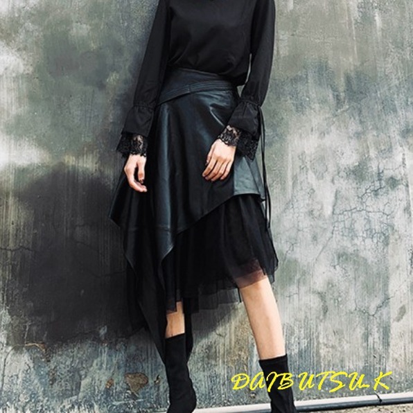 スカート 異素材 チュール PUレザー アシンメトリー 可愛い S~XL