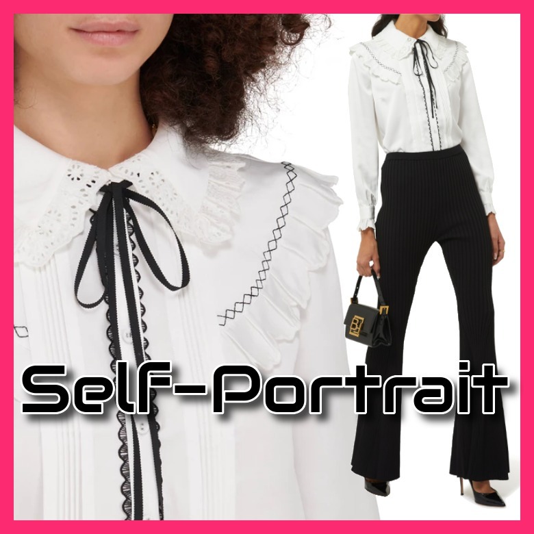 セール!【self-portrait】可愛いフリルとレース襟☆長袖シャツ ブラウス・シャツ セール!【self-portrait】可愛いフリルとレース襟☆長袖シャツ ブラウス・シャツ