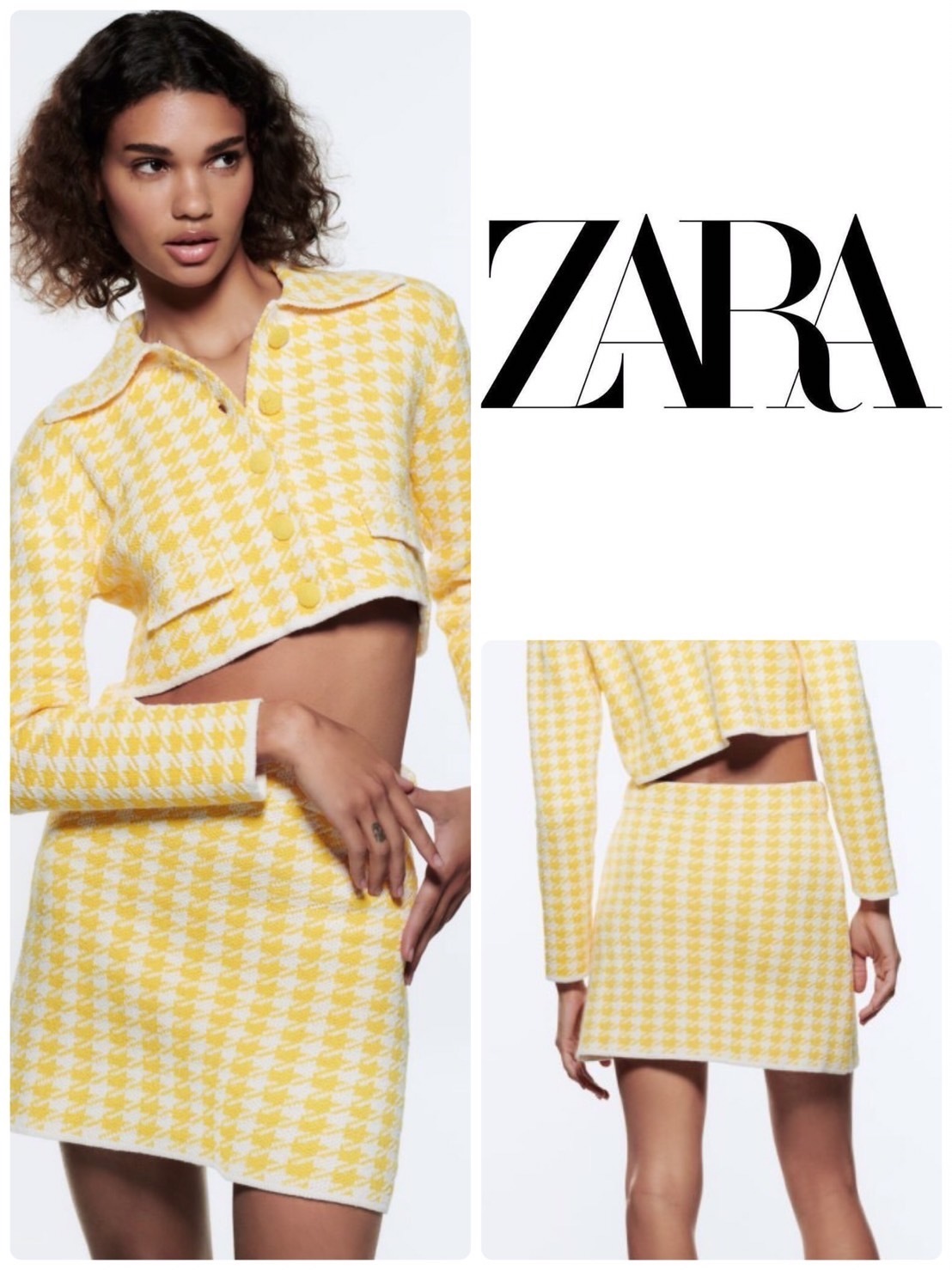 スペイン発送◎ZARA♪千鳥格子ニットスカート♪かわいいイエロー