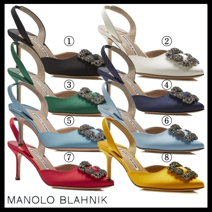 MANOLO BLAHNIK HANGISLI サテン ジュエルバックル パンプス