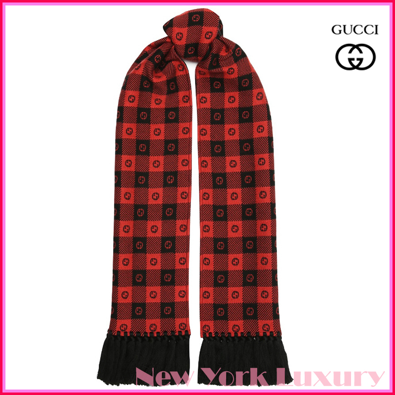 Gucci★素敵！Unisex Black/Red Wool Blend Scarf w/ GG Print