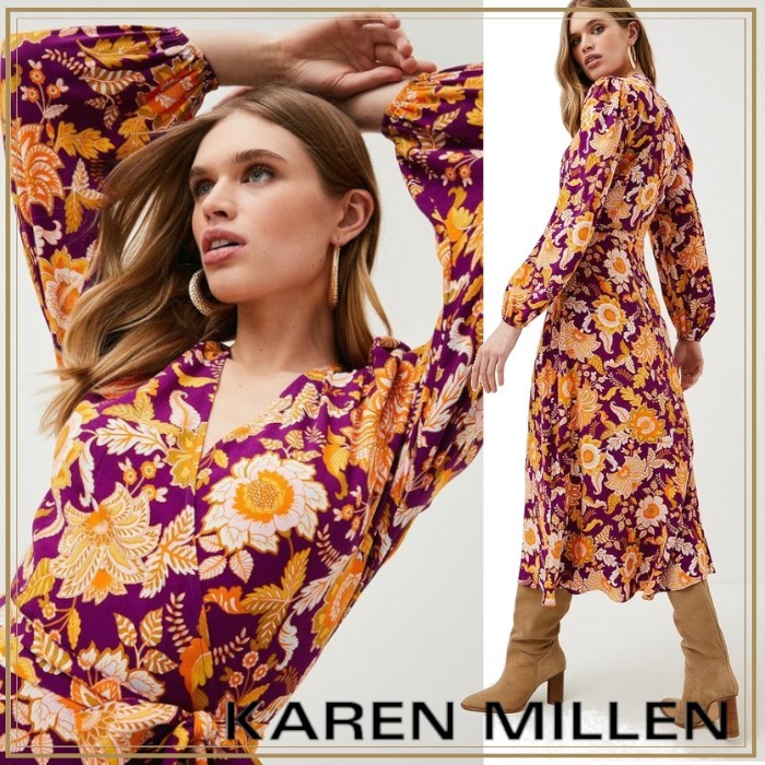 【高品質】 ★Karen ミディドレス【関税/送料込み】 Floral Red Millen★ ワンピース サイズを選択してください:UK12