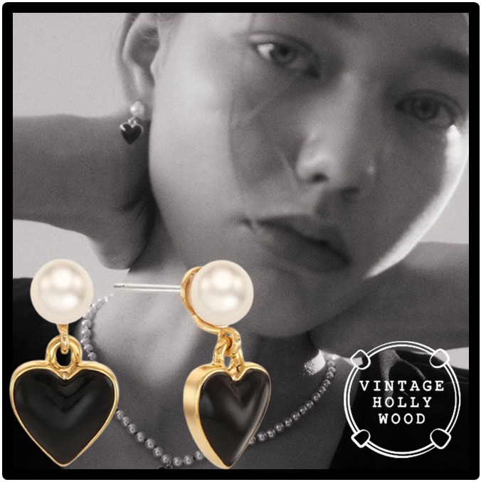 ★関税込★VINTAGE HOLLYWOOD★Black n Pearl Heart Earring.s★