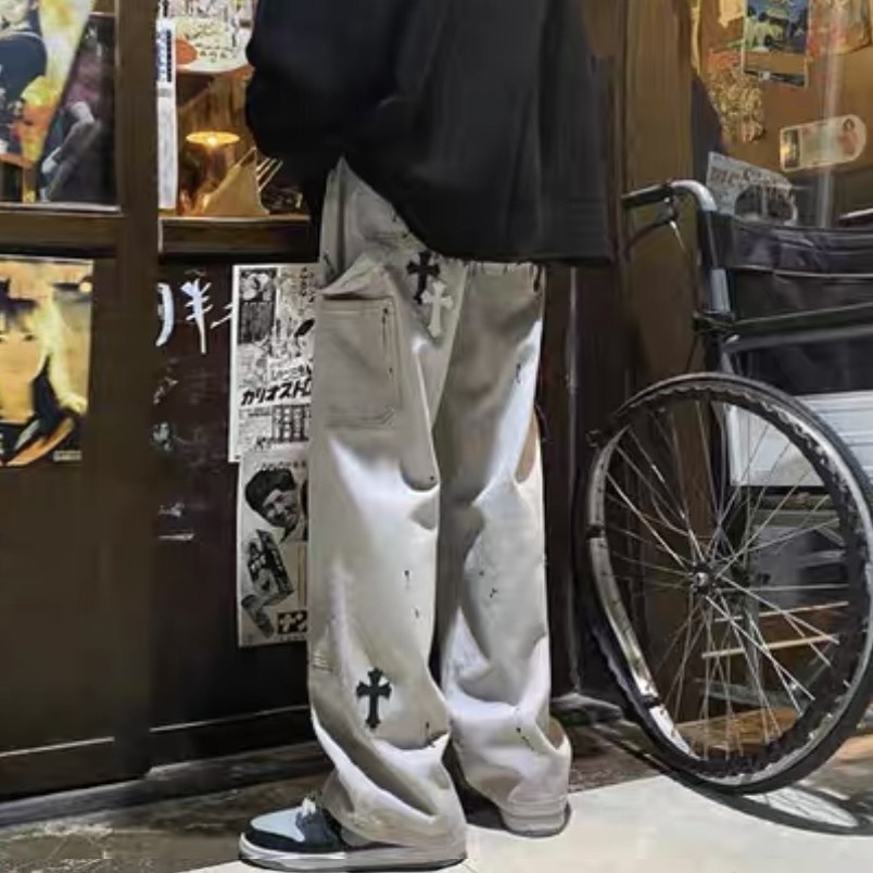 デニム・ジーパン デニム パンツ クロス ロゴ モノトーン バイカラー ストリート(7)